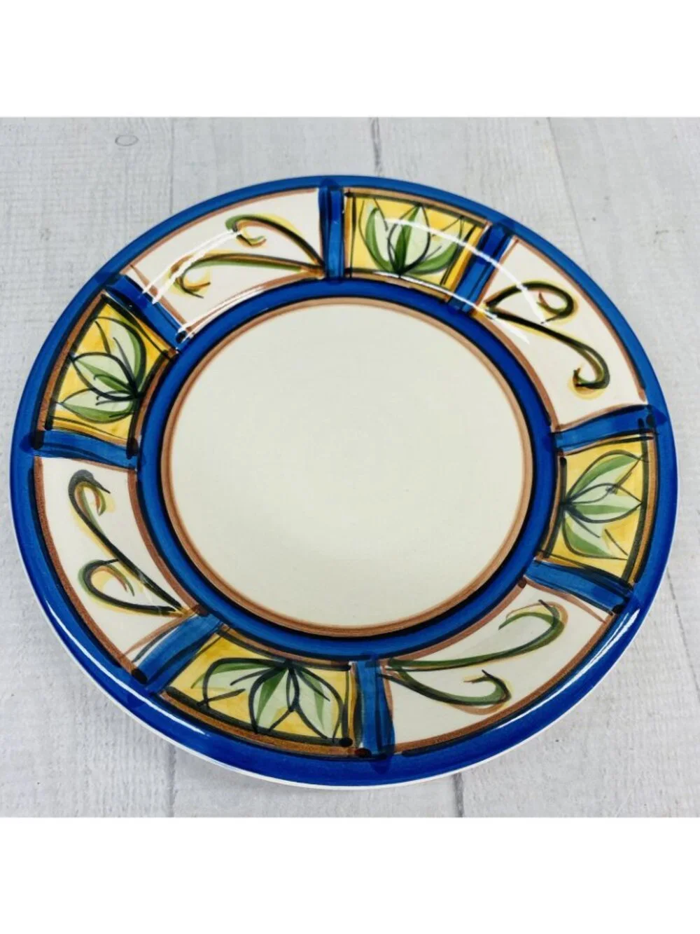 Liddy GREEN PLANTS Hand Painted Blue Trim Ceramic Salad Snack Round Plates Set 6